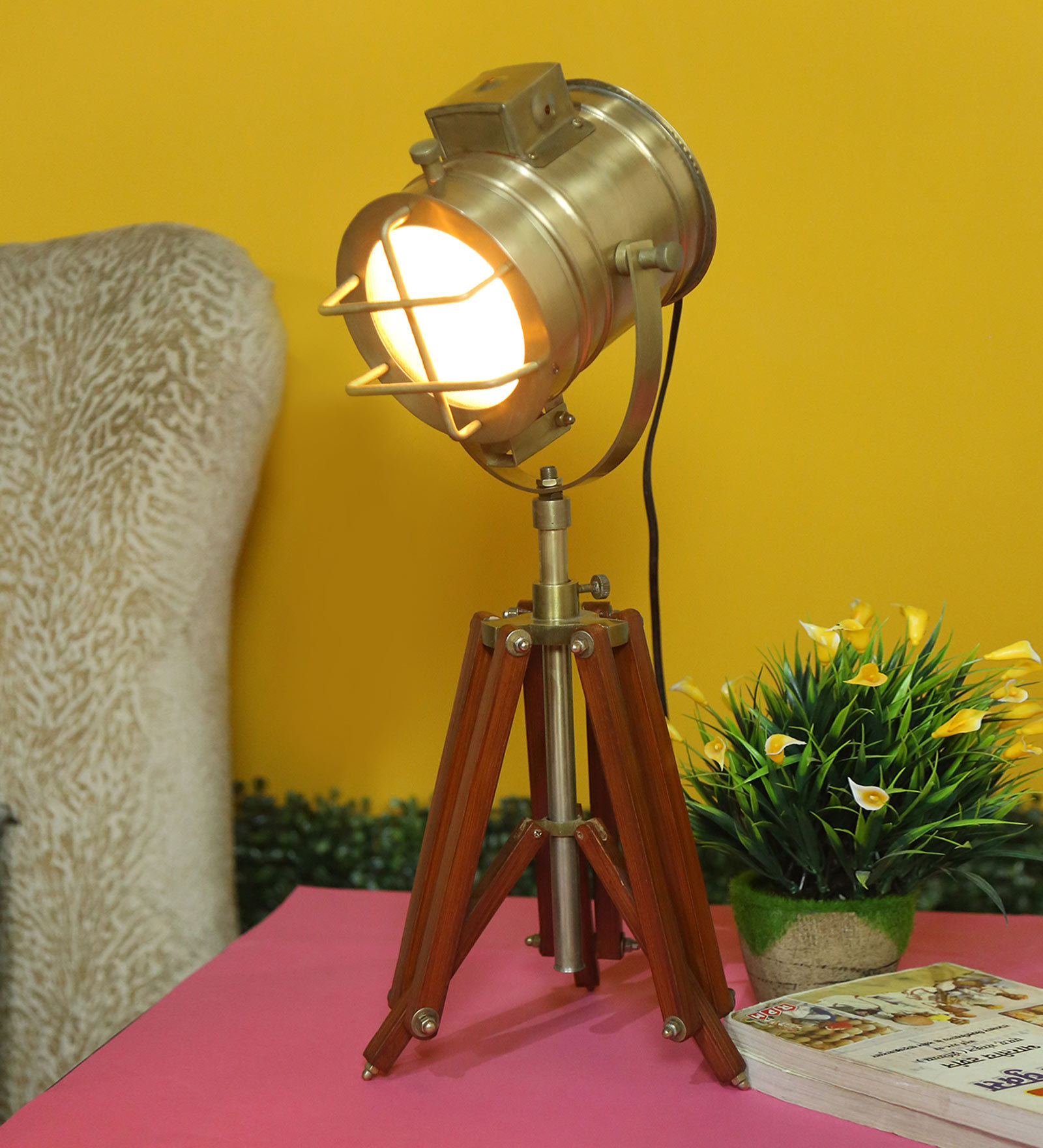 Small Brass Tripod Brass Metal Shade Table Lamp With Brown Base