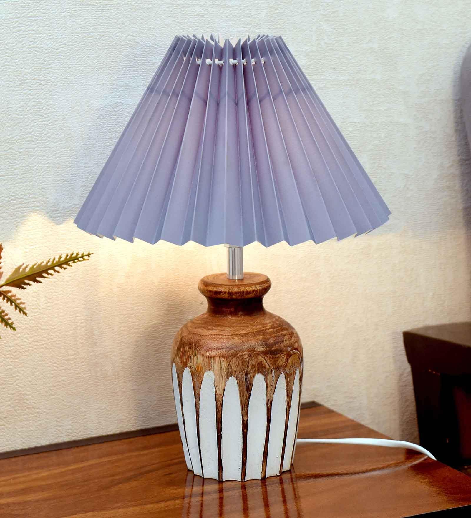 Bedside Lamp with Linen Beige Lampshade, Light Brown Wooden Base, E27, Ribbed Urn, Pleated Grey