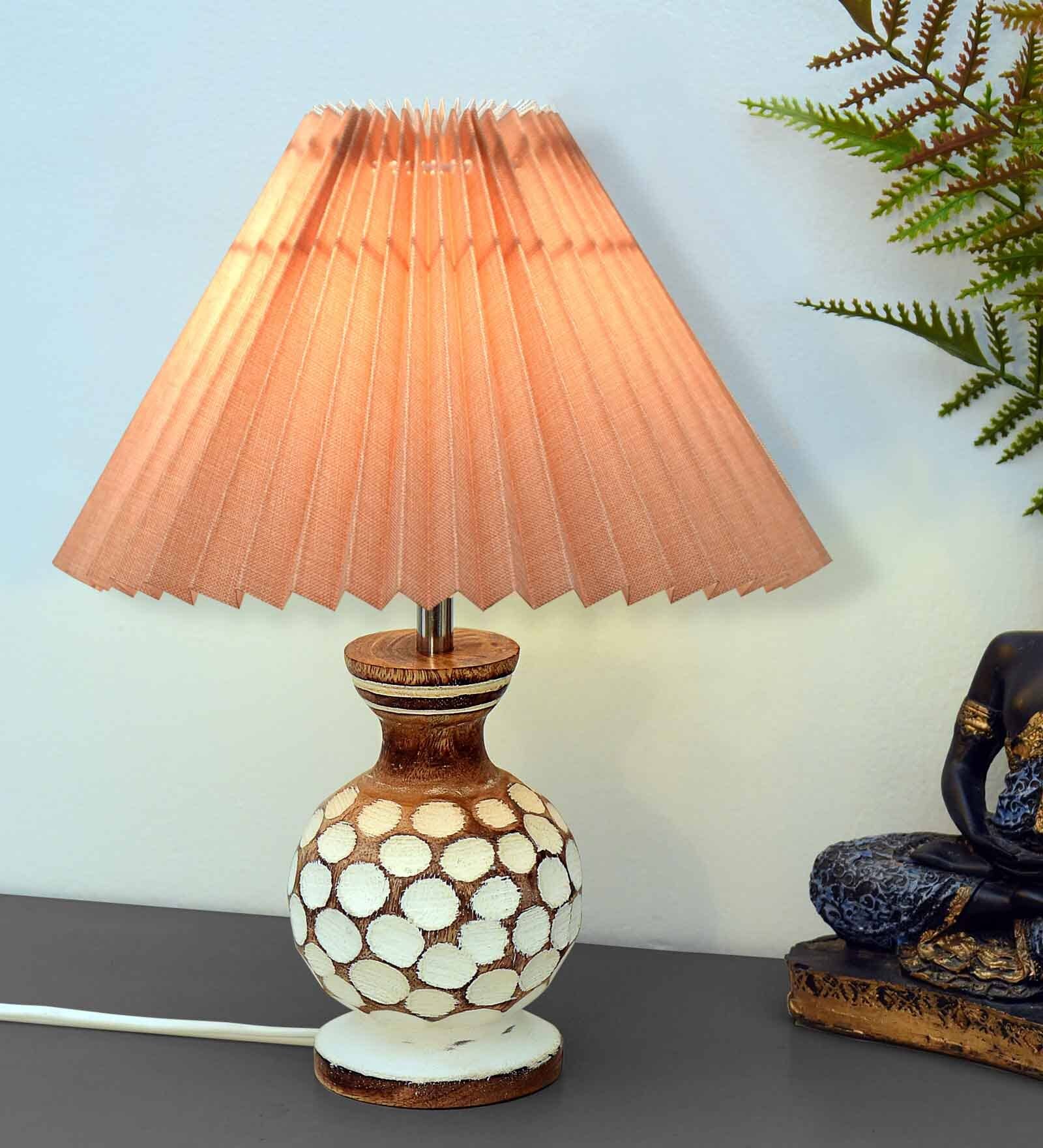 Bedside Lamp with Linen Beige Lampshade, Light Brown Wooden Base, E27, Carved Ball, Pleated Jute