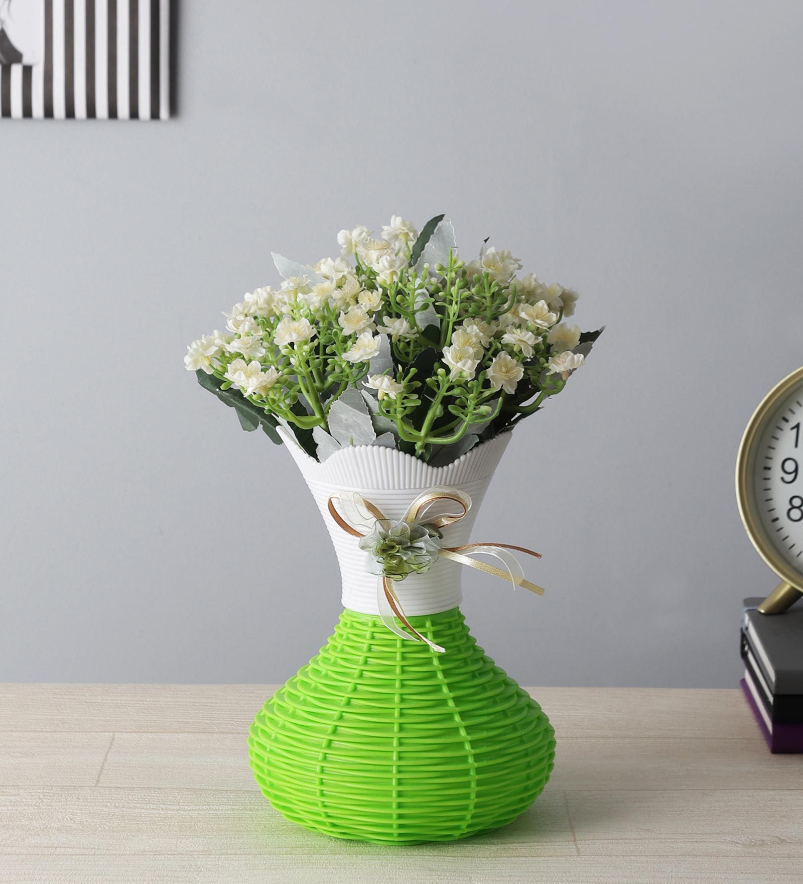 Small White Flower Bunch with Green Vase
