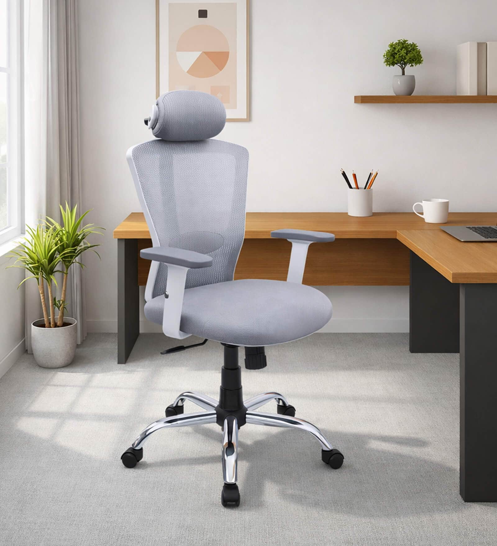 Shioni Ergonomic Chair With Adjustable Handle, Lumbar Support And Neck Rest In Grey Colour