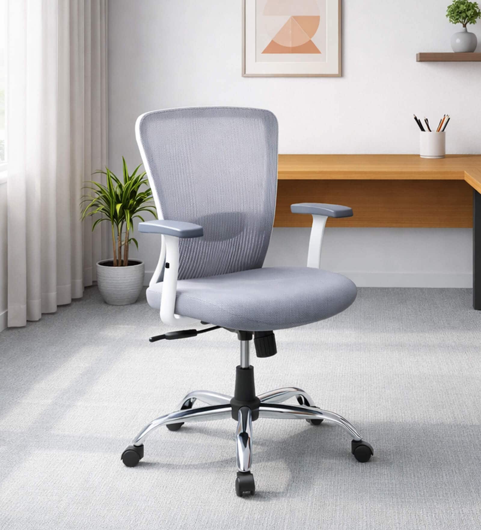 Shioni Ergonomic Chair With Adjustable Handle And Lumbar Support In Grey Colour