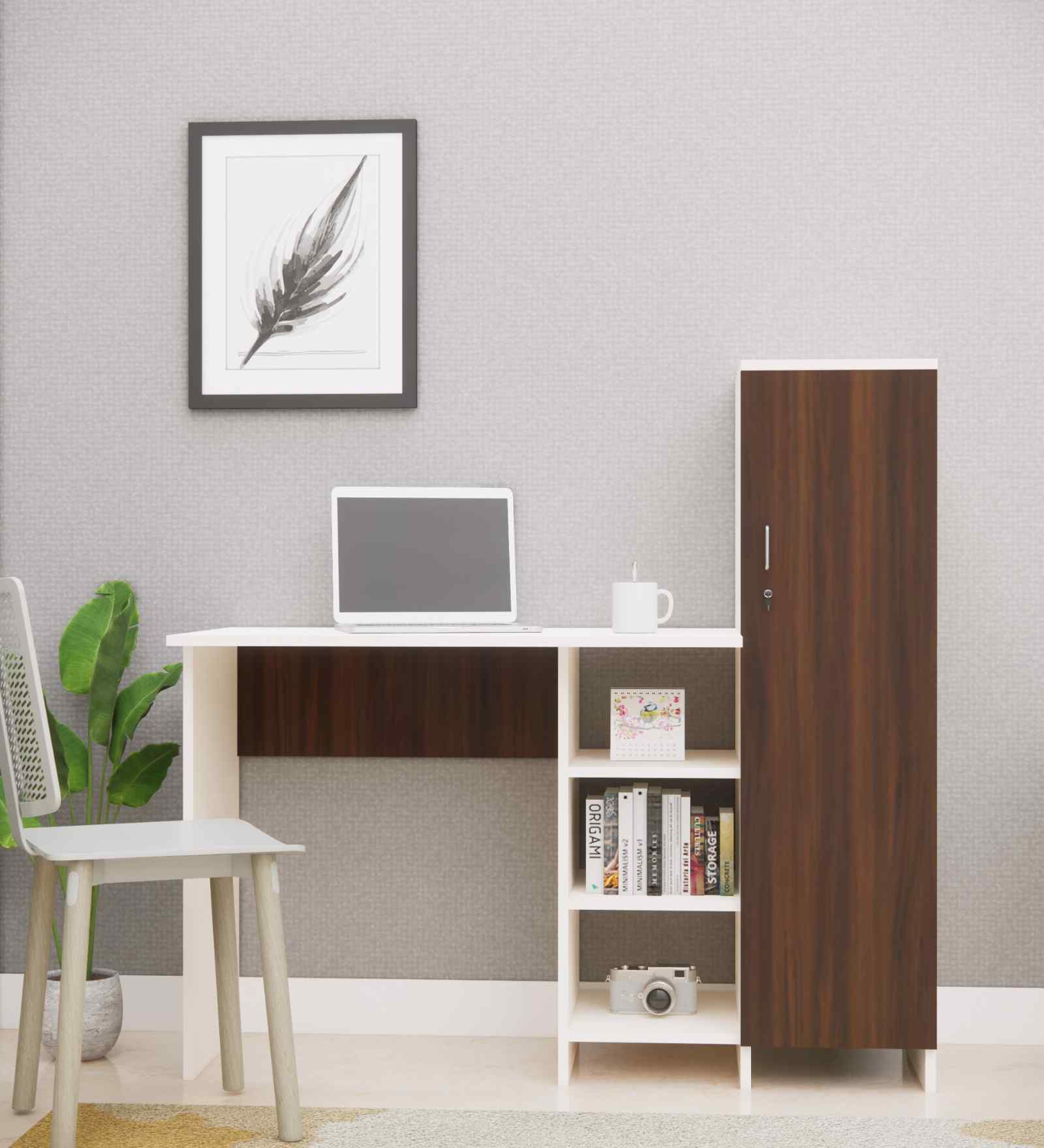 Smart Multipurpose Hutch Desk with storage in Asian Walnut & Highland Pine Finish