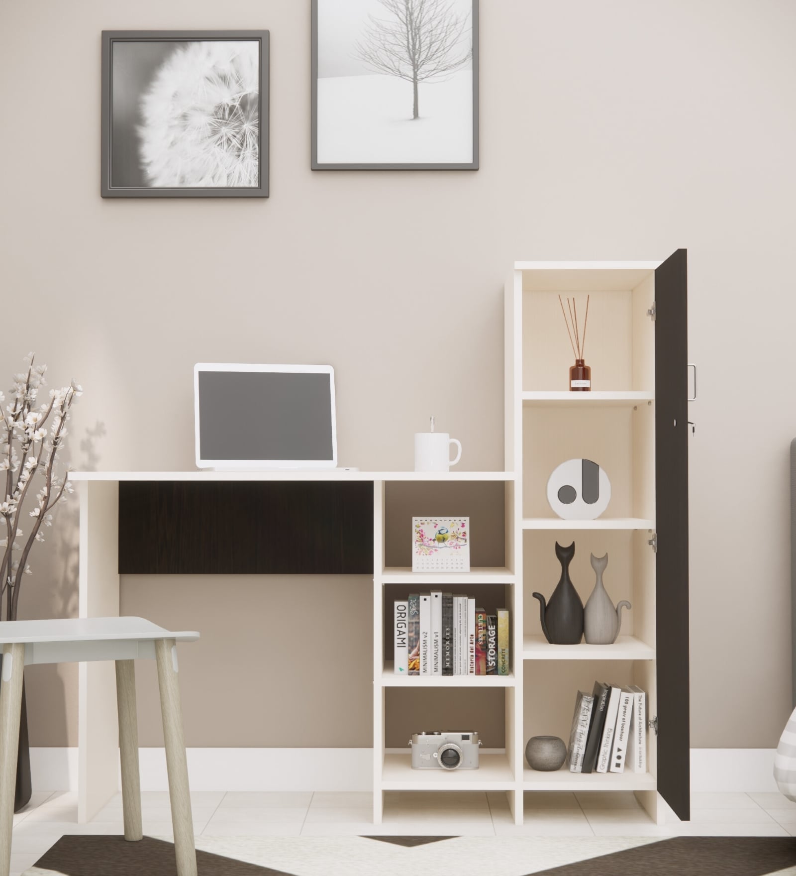 Smart Multipurpose Hutch Desk with storage in Chiyoda Wange & Highland Pine Finish