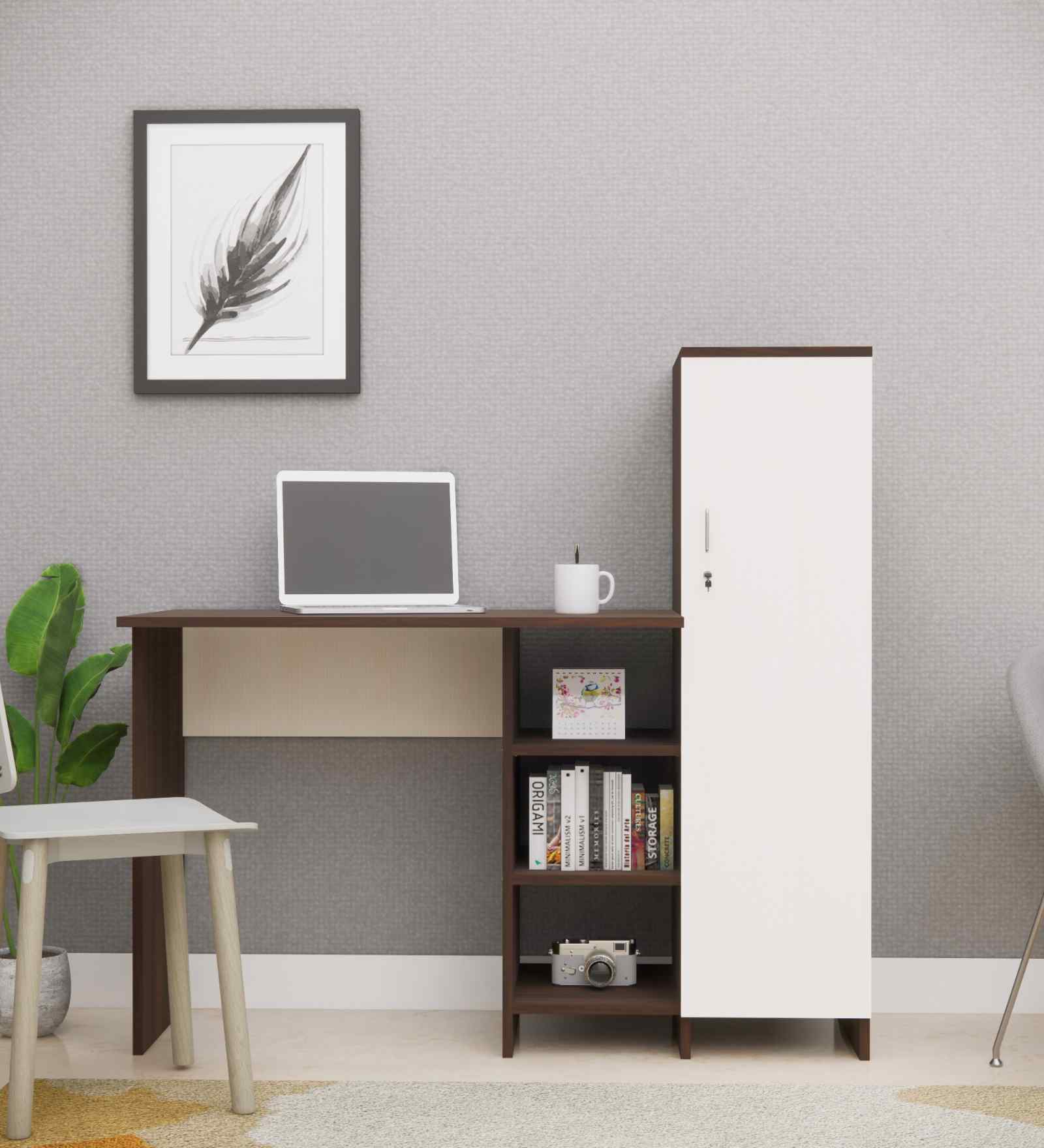 Smart Multipurpose Hutch Desk with storage in Highland Pine & Asian Walnut Finish