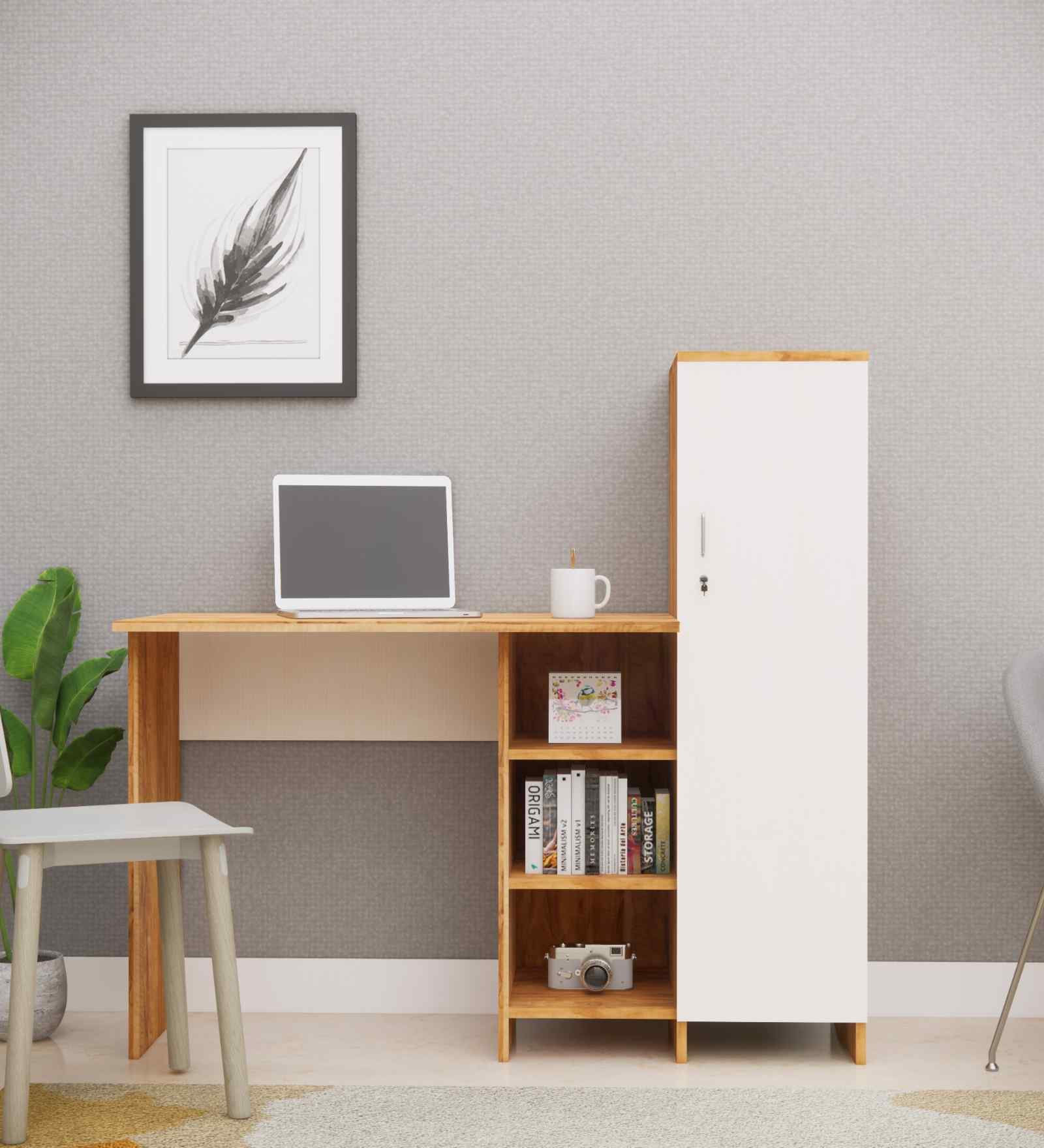 Smart Multipurpose Hutch Desk with storage in Highland Pine & Plateau Apple Finish