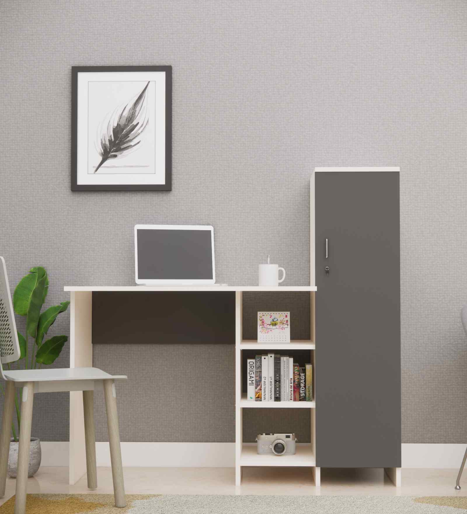 Smart Multipurpose Hutch Desk with storage in Highland Pine & Slate Grey Finish