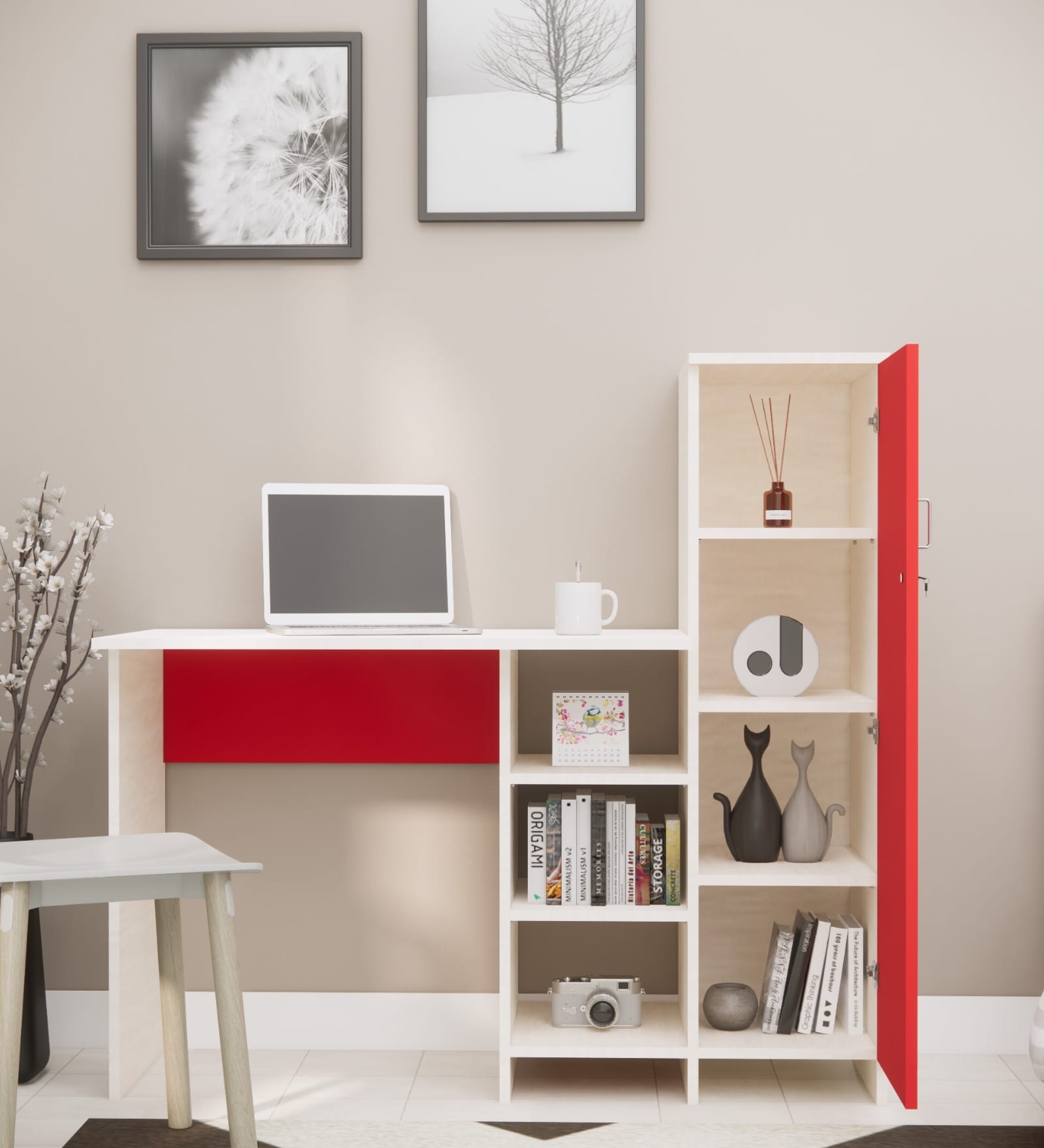 Smart Multipurpose Hutch Desk with storage in Scarlet Red & Highland Pine Finish