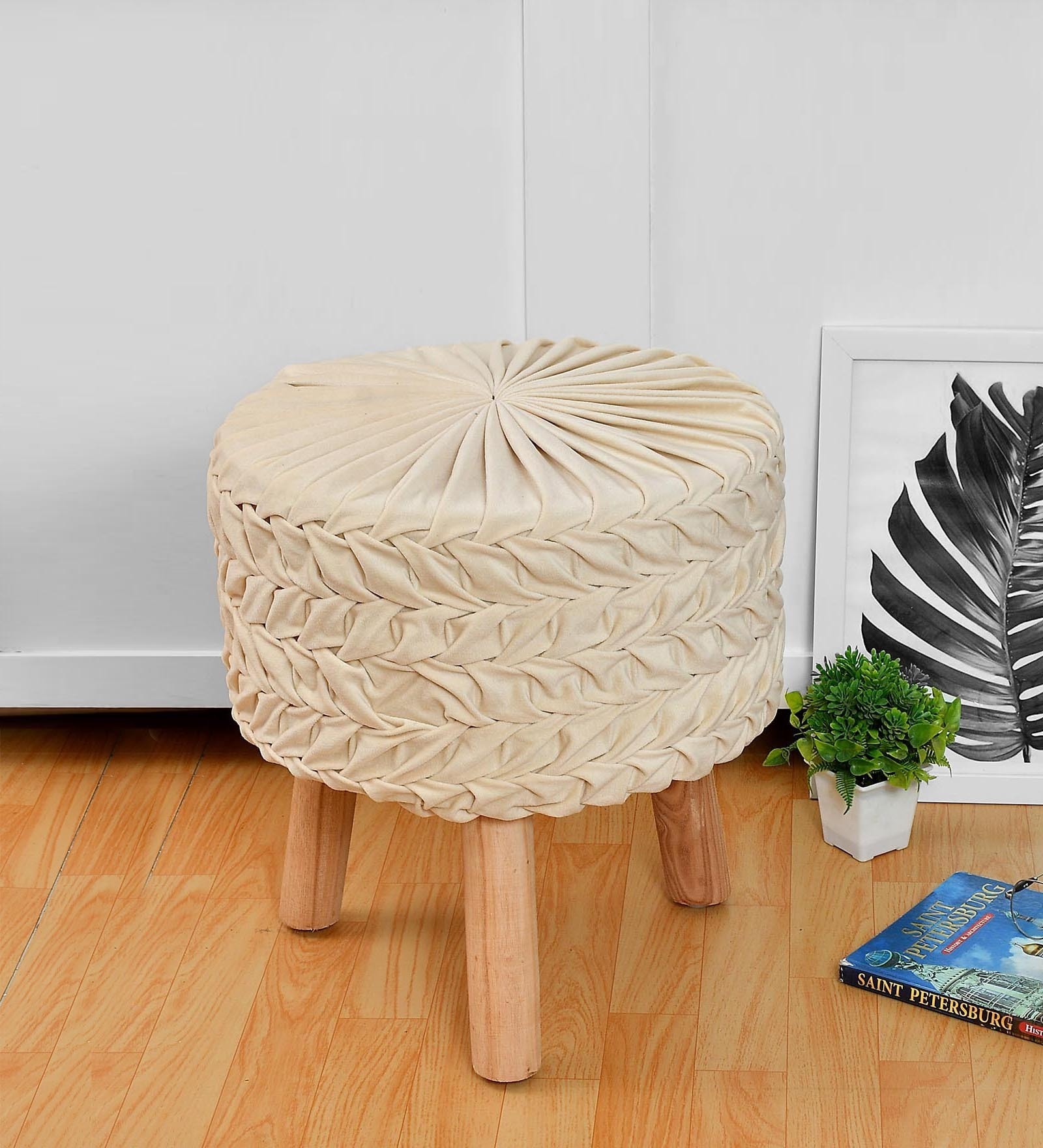 Smocking Fabric Seating Stool in Cream Colour