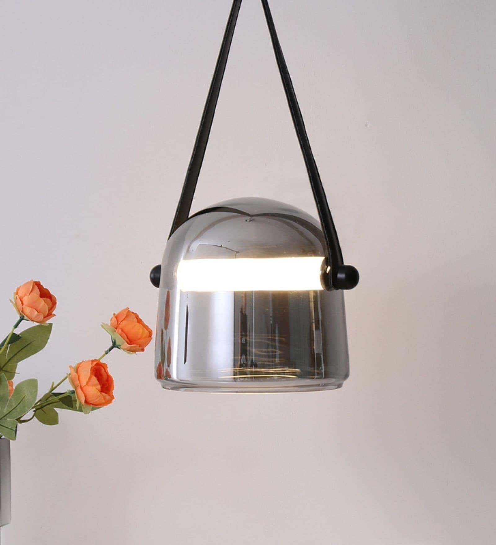 Smoke Gray Glass Pendant Light with Leather Strap