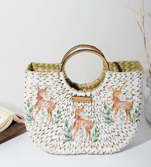 Small Tote Bag | Straw Basket Bags | Beach Bags for Women | Half Moon Bag | White Handbag (Design 01)