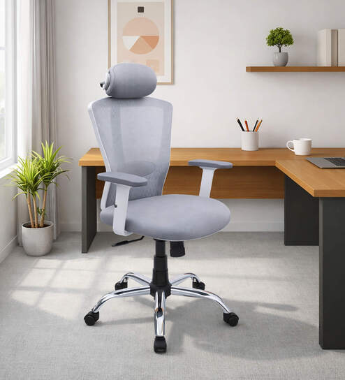 Shioni Ergonomic Chair With Adjustable Handle, Lumbar Support And Neck Rest In Grey Colour