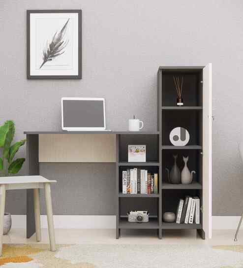Smart Multipurpose Hutch Desk with storage in Slate Grey & Highland Pine Finish