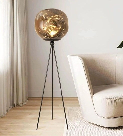 Smoked Glass Globe Tripod Floor Lamp
