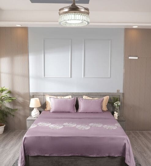 Smoky Lilac 300TC 100% Cotton Solid Flat Embroidered Super King Bedsheet With 2 Pillow Covers