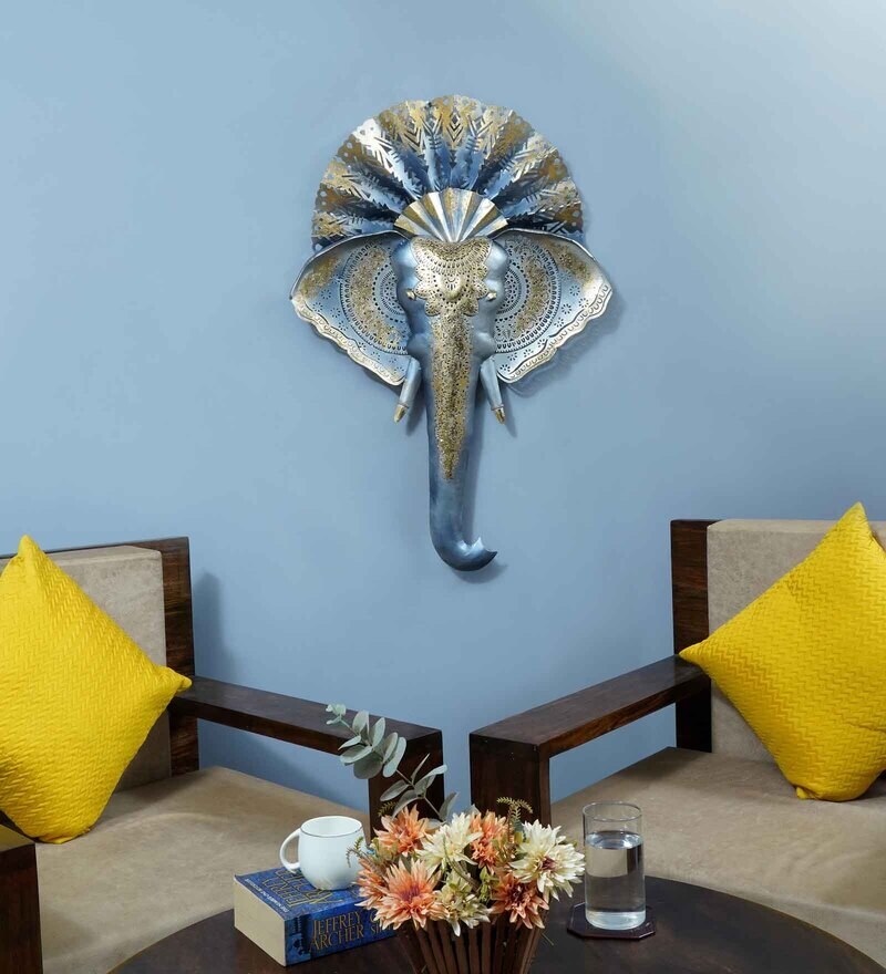 Buy Smoky Blue And Golden Iron Hriganesha Metal Wall Art by The Shining