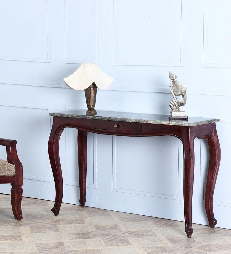 wooden console table with marble top