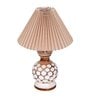 Bedside Lamp with Linen Beige Lampshade, Light Brown Wooden Base, E27, Carved Ball, Pleated Jute