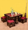 Smart Teak Wood Nesting Coffee Table Set in Walnut Finish with 4 stools