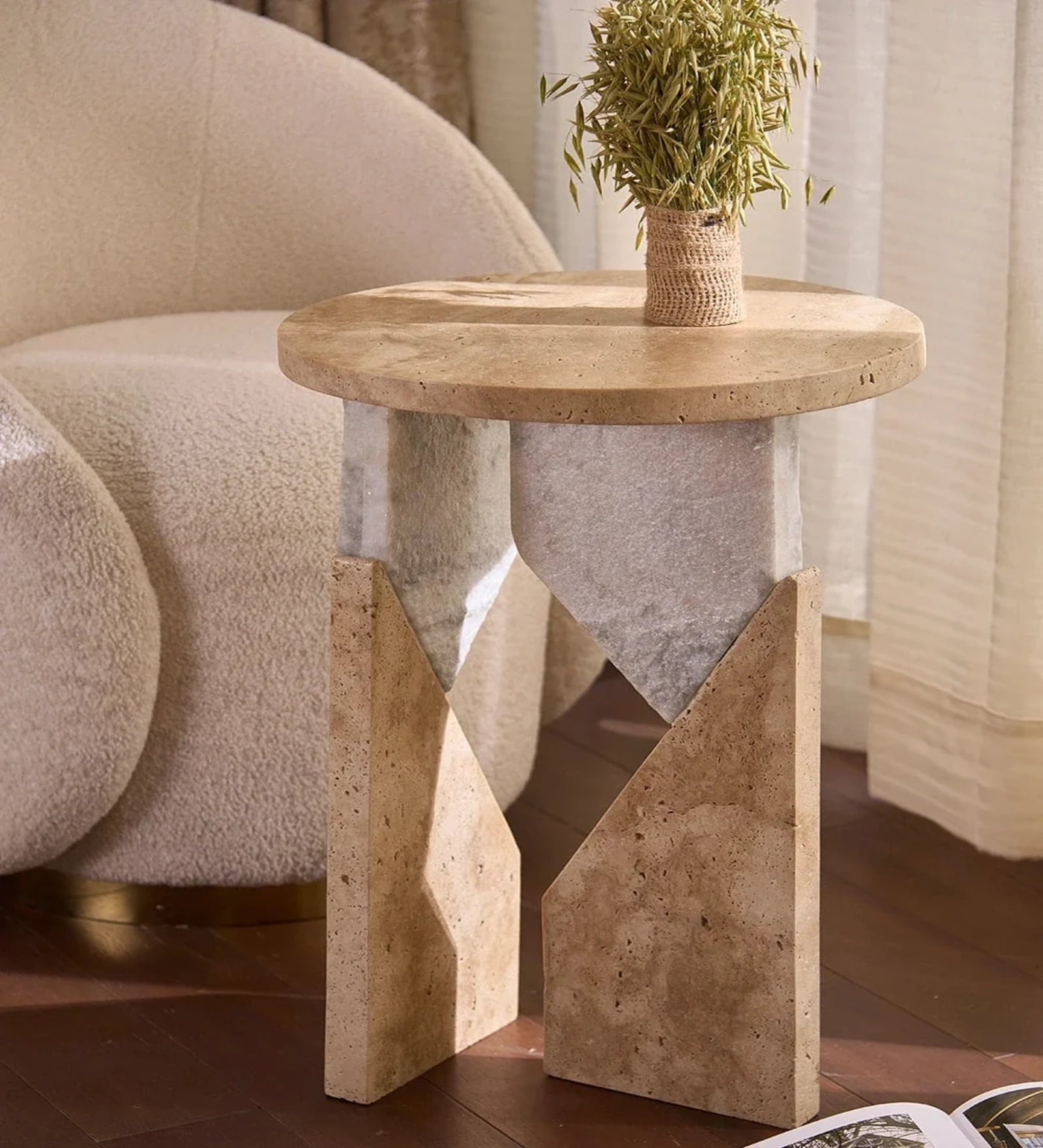 Snazzy Travertino And Muwnstone End Table In Matte Finish Snazzy Travertino And Muwnstone End Table In Matte Finish