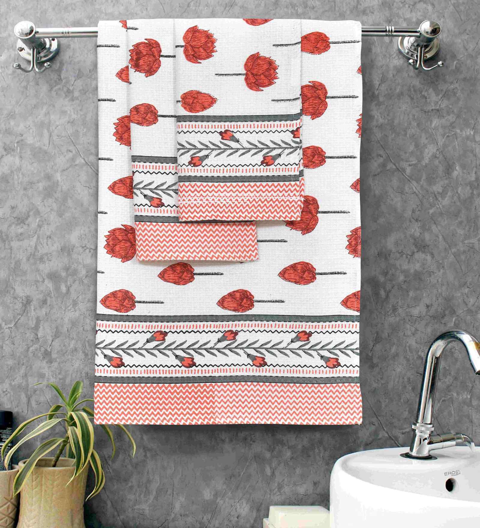 Snow Drift Madhuban Floral Waffle Cotton 250 GSM Bath & Hand Towel Set