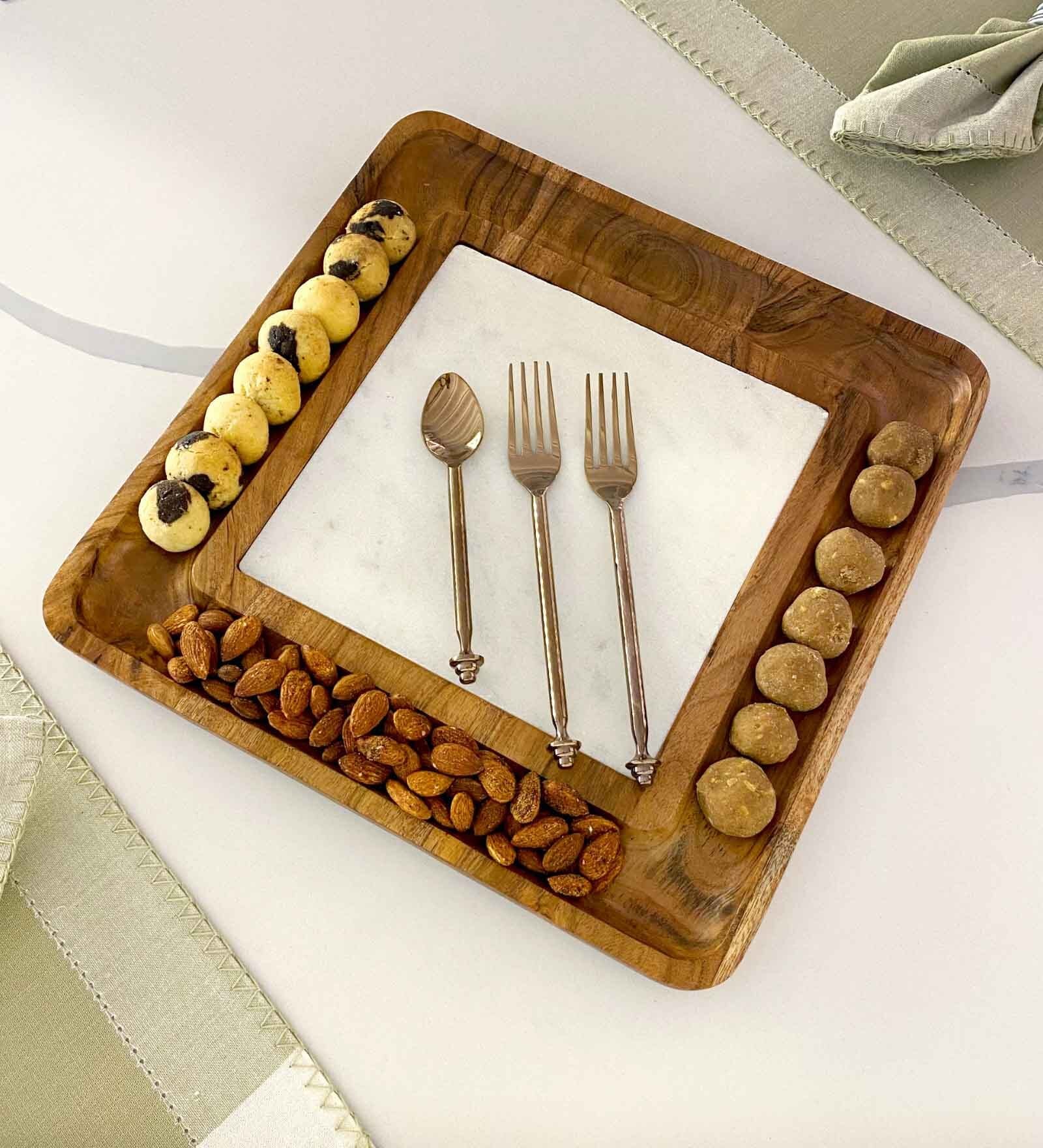 Snow Forest Brown & White Wood & Marble  Serving Tray