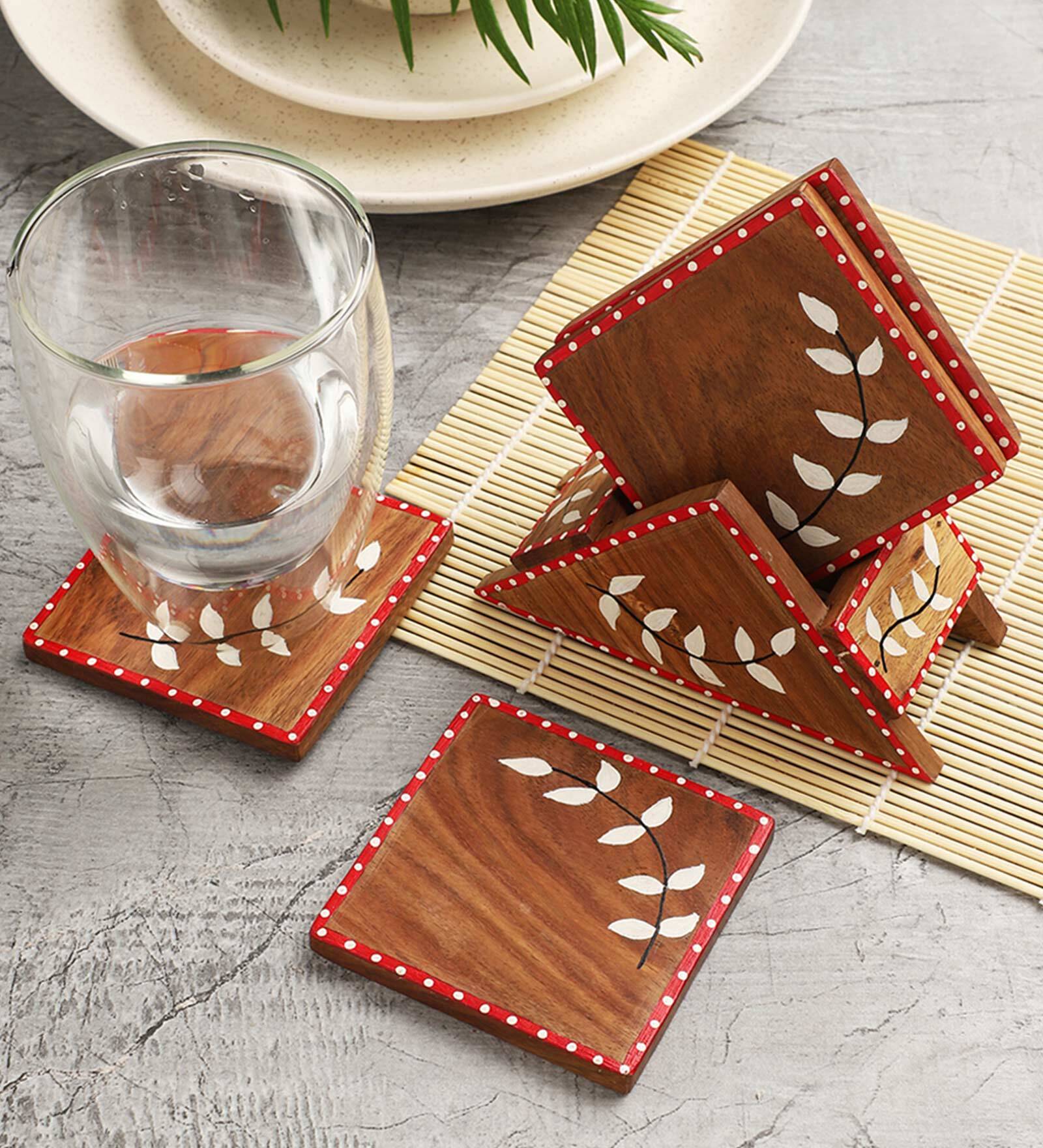 Snow Leaf Brown & White Sheesham Wood (Set of 4) Table Coaster
