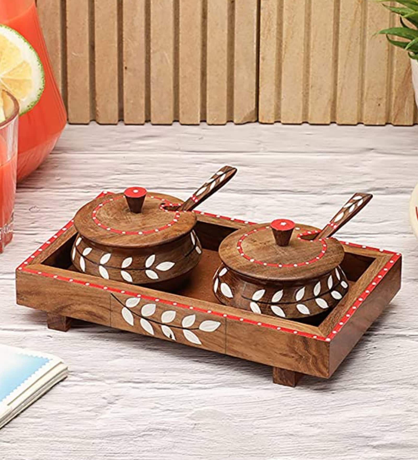 Snow Leaf Brown & White Sheesham Wood 2 Pcs Condiment Jar with Tray & Spoon Snow Leaf Brown & White Sheesham Wood 2 Pcs Condiment Jar with Tray & Spoon