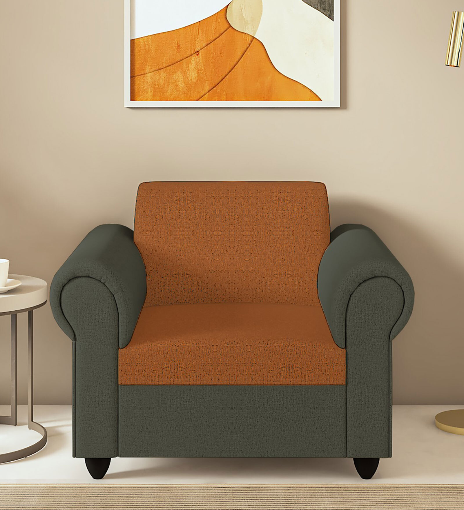 Snugy Fabric 1 Seater Sofa In Dark Grey & Dark Orange Finish