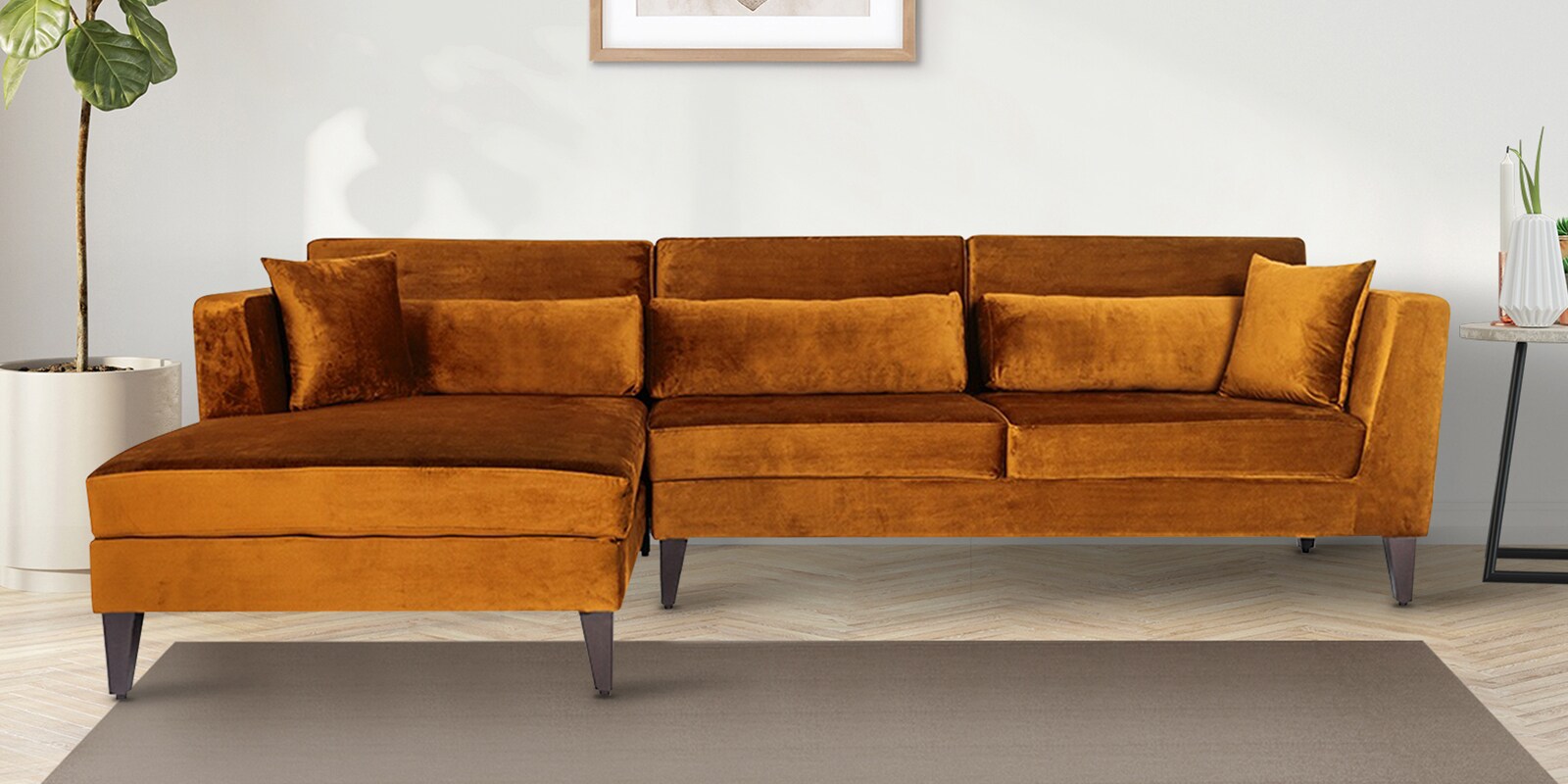 Snooze Velvet RHS Sectional Sofa in Amber Colour