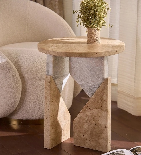 Snazzy Travertino And Muwnstone End Table In Matte Finish