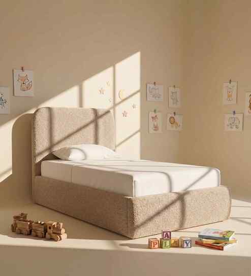 Snuggle Boucle Kids Toddler Bed With Hydraulic Storage In Beige Colour