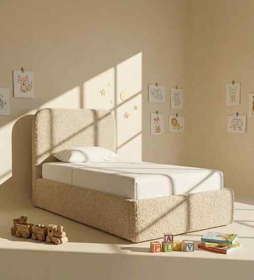 Snuggle Boucle Kids Twin Bed With Box Storage In Cream Colour