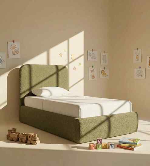 Snuggle Boucle Kids Twin Bed With Hydraulic Storage in olive Colour