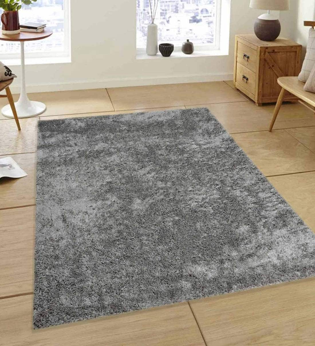 Buy Grey Polyester Shag 6 x 9 Feet Machine Made Carpet by Saral Home ...