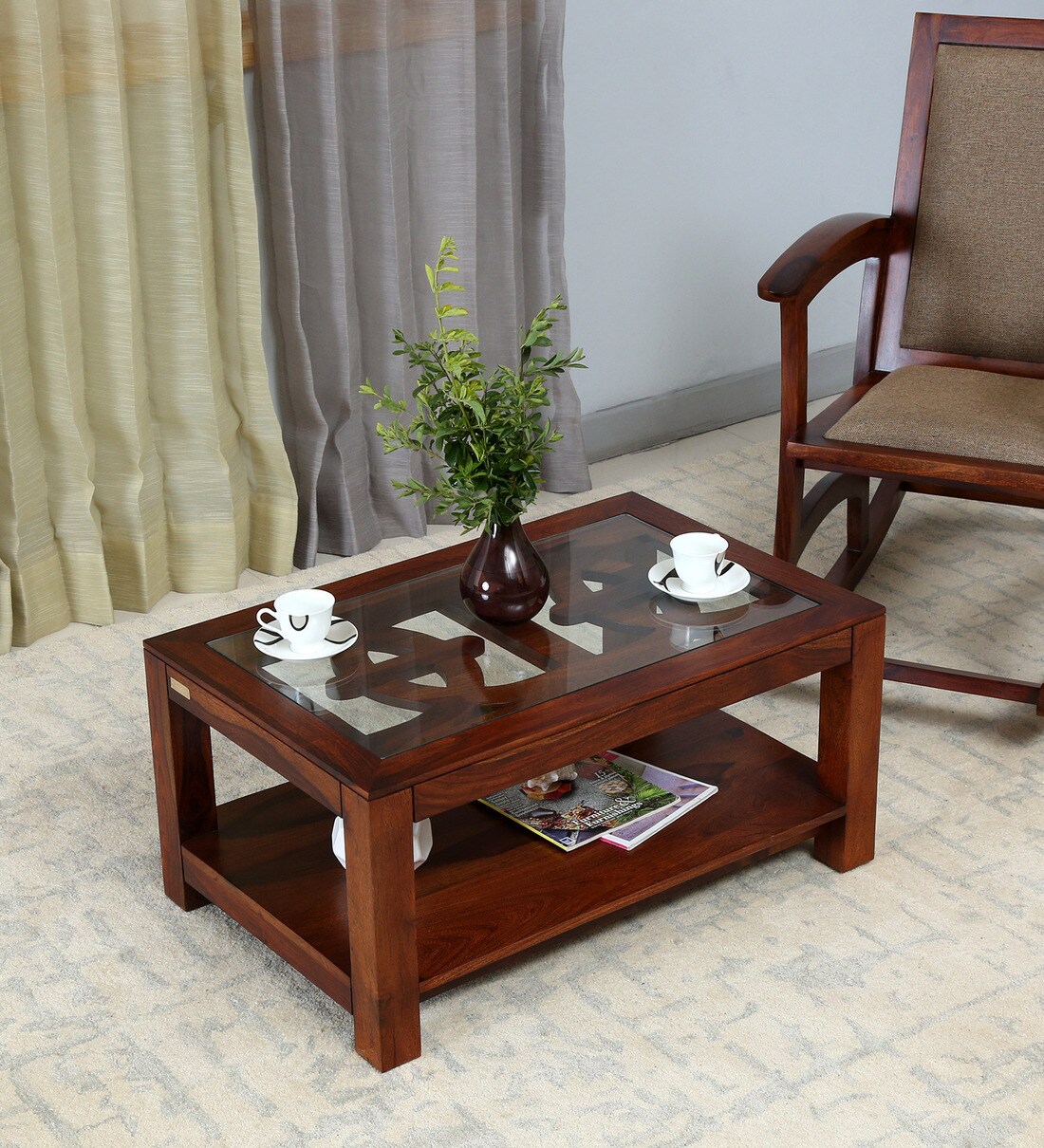 Buy Mckenzy Solid Wood Coffee Table With Glass Top In Honey Oak Finish By Woodsworth Online