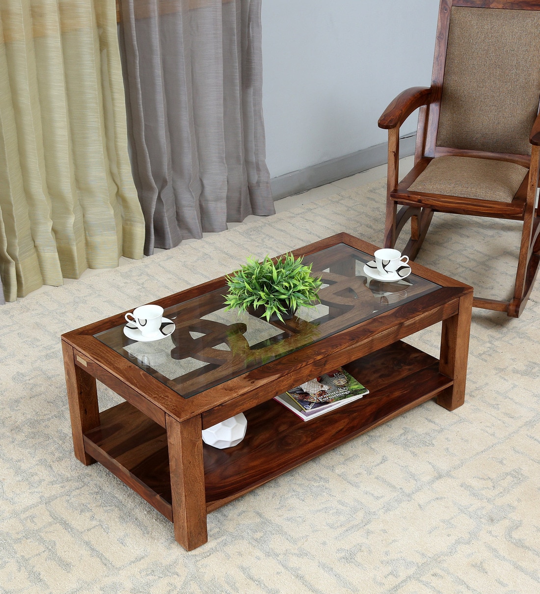 Buy Mckaine Solid Wood Coffee Table With Glass Top In Rustic Teak