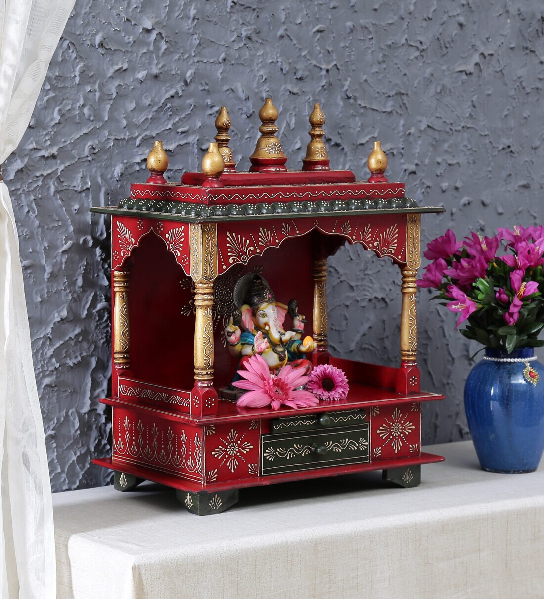 Buy Solid Wood Hand Painted Pooja Mandir in Multicolour Designs Craft