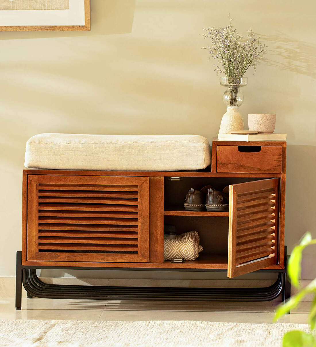 Buy Solid Wood Shoe Cabinets In Brown Finish with Seating at 100