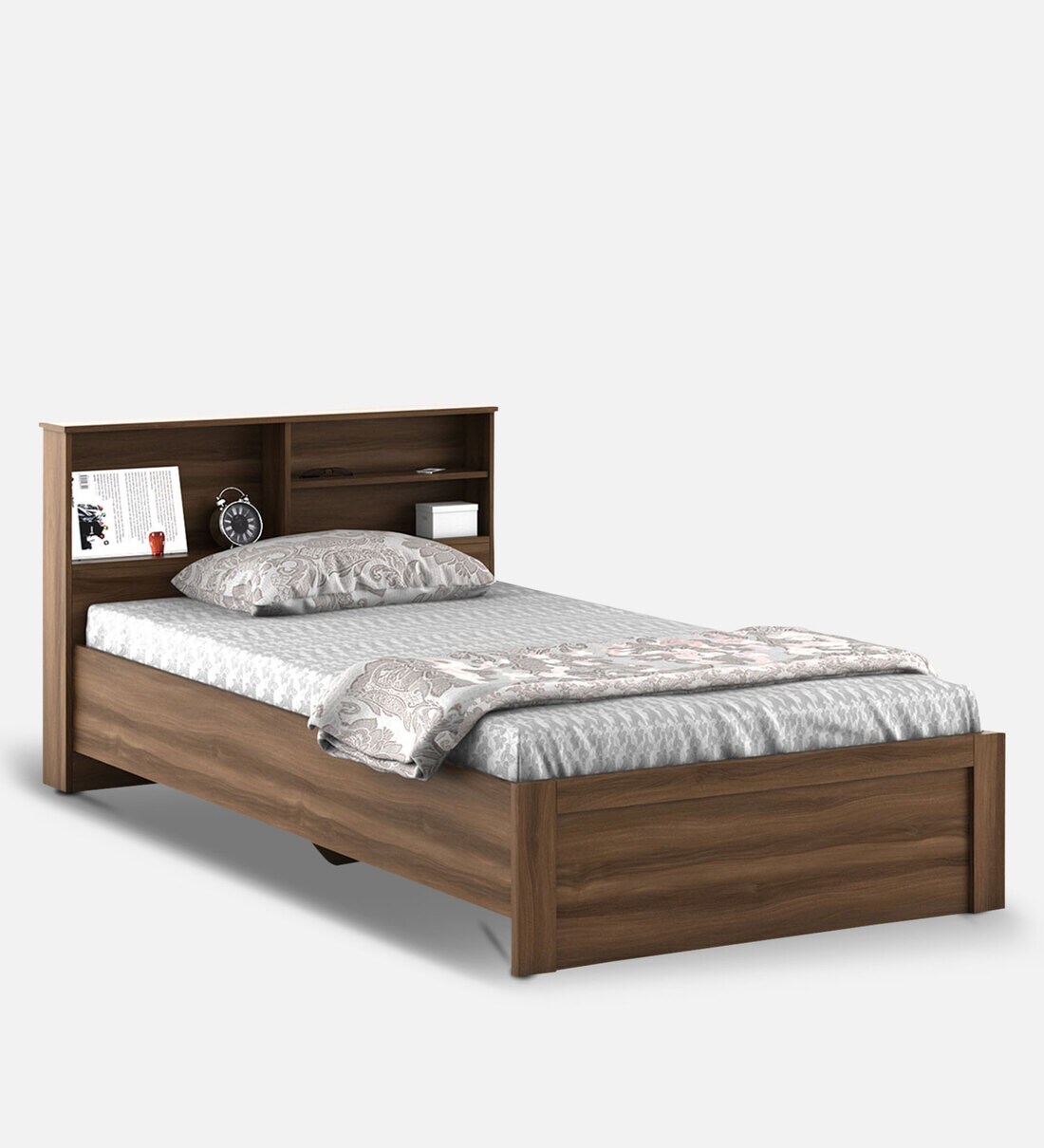 Buy Souma Single Bed With Headboard Storage In Walnut Bronze Colour By