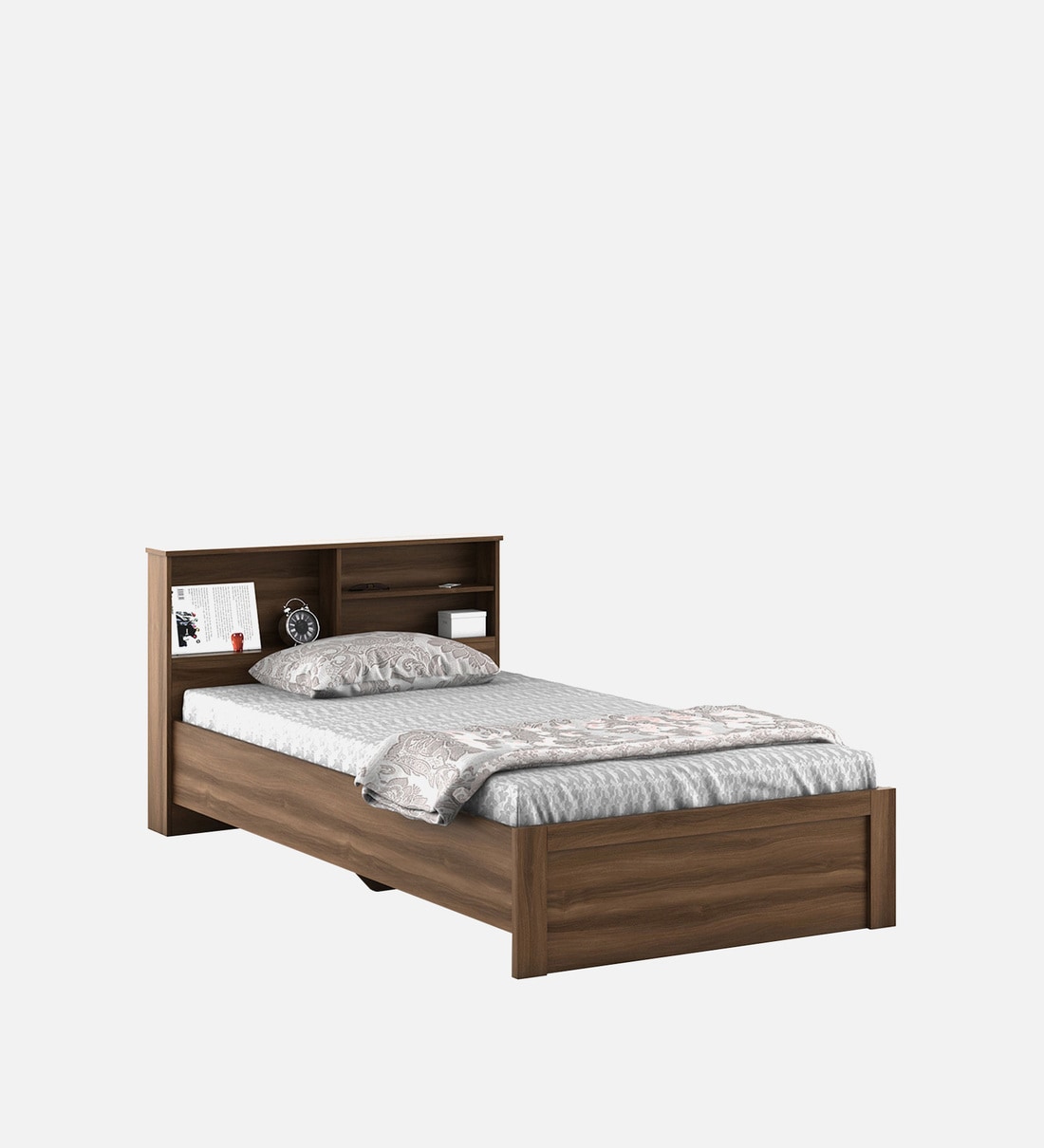 Buy Souma Single Bed With Headboard Storage In Walnut Bronze Finish By