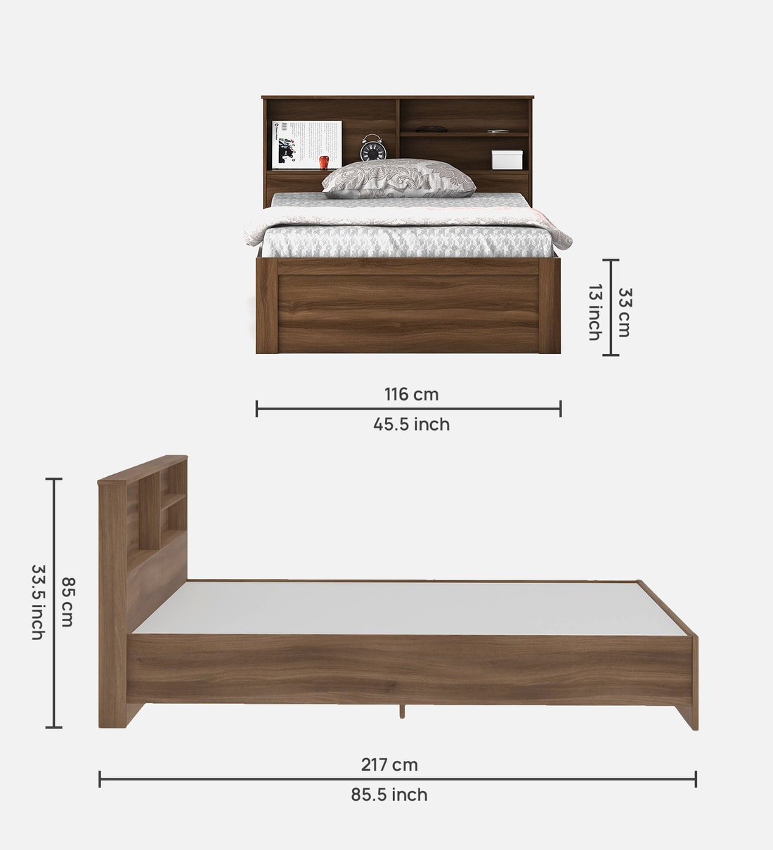 Buy Souma Single Bed With Headboard Storage In Walnut Bronze Finish By