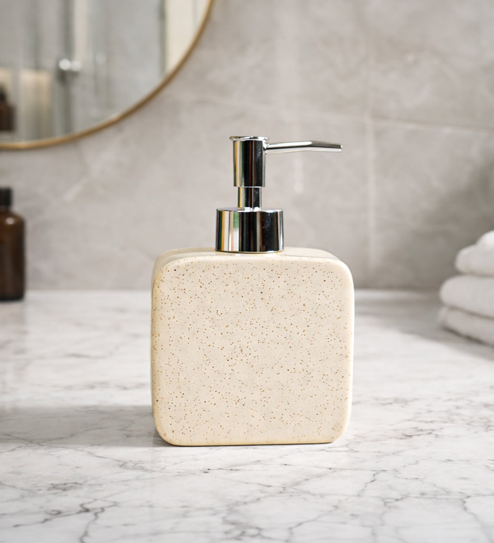 White Ceramic Rectangular Speckled Soap Dispenser With Silver Handle