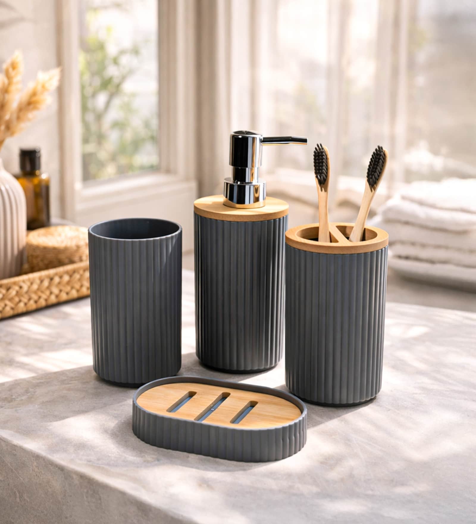Grey Plastic Bathroom Accessories Set Of 4 With Oval Soap Dish