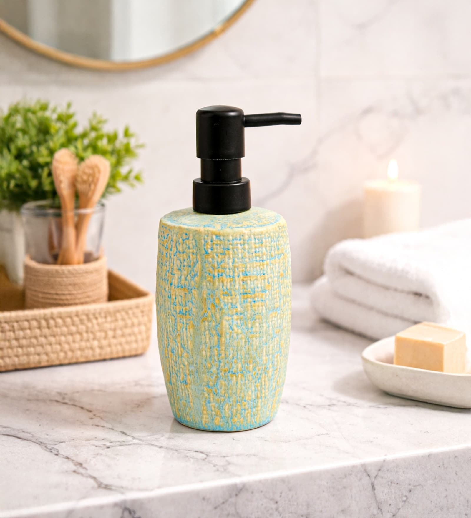 Teal Green Ceramic Oblong Wave Soap Dispenser