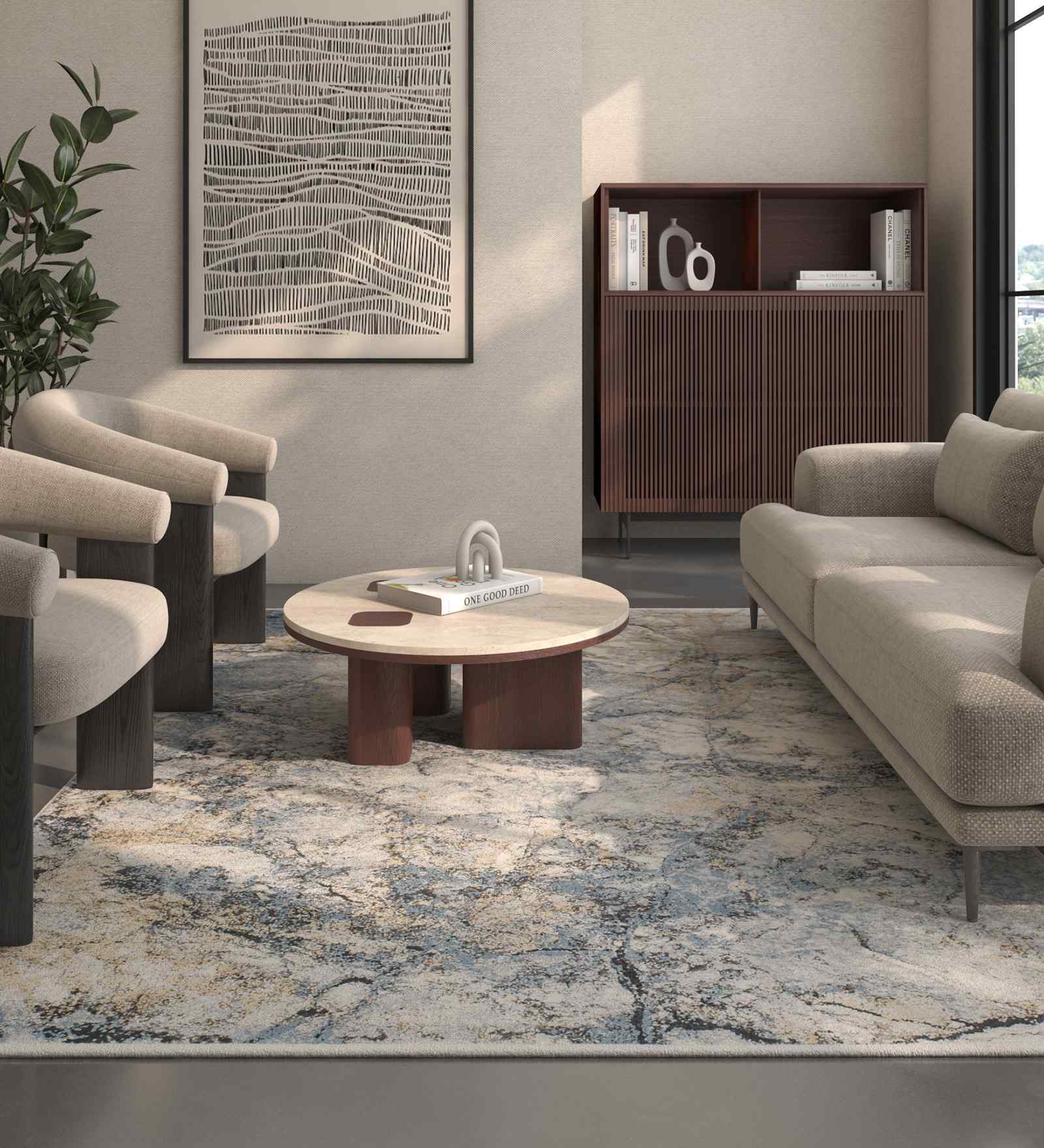 Blue Abstract Polyester 4X6 Feet Machine Made Carpet