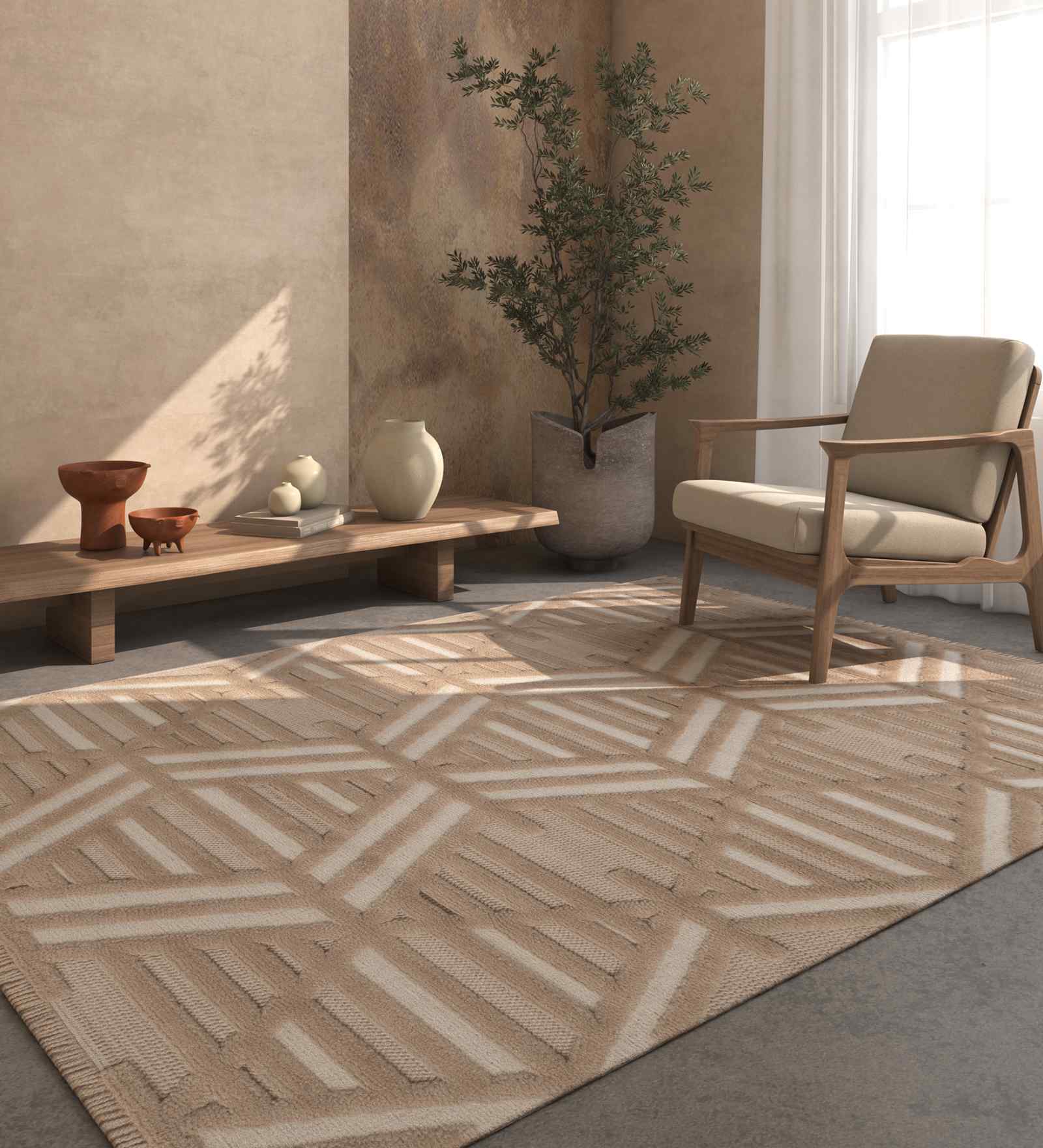 Peach And White Traditional Polyester 4X6 Feet Machine Made Carpet