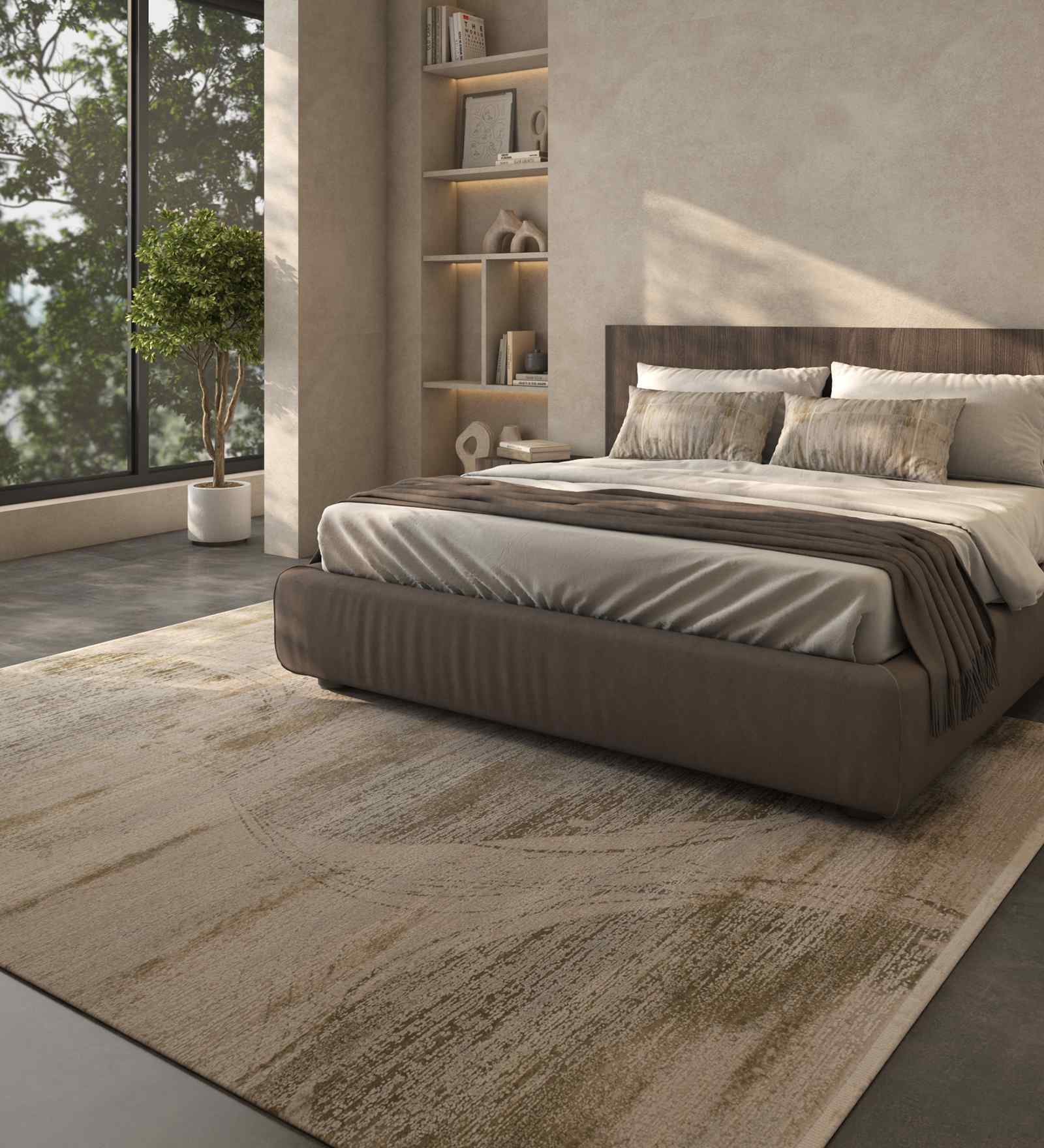 Beige And Green Abstract Polyester 4X6 Feet Machine Made Carpet