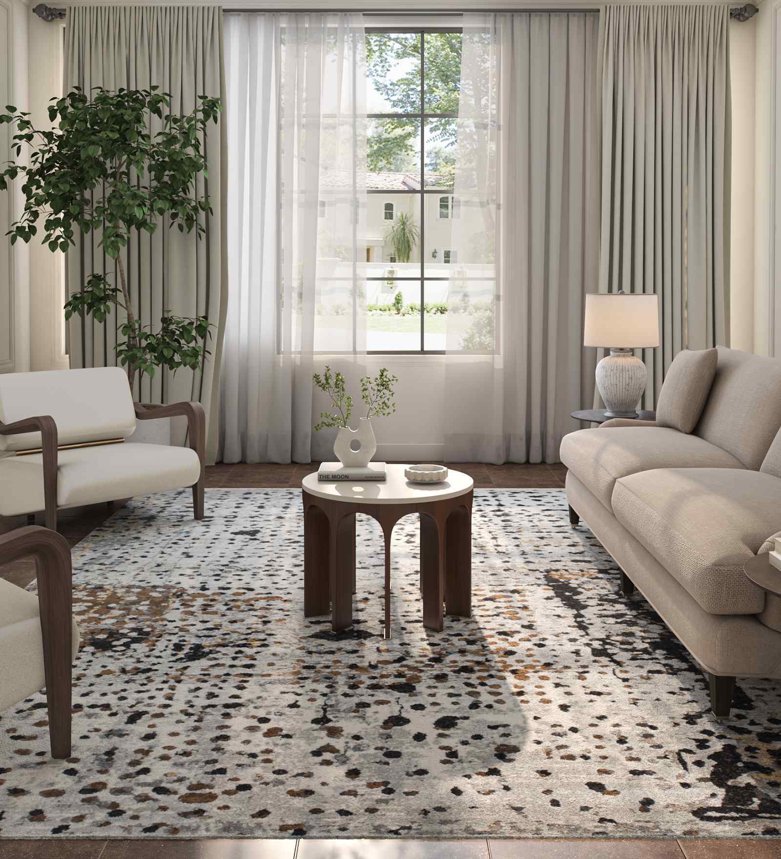 White And Beige Abstract Polyester 4X6 Feet Machine Made Carpet