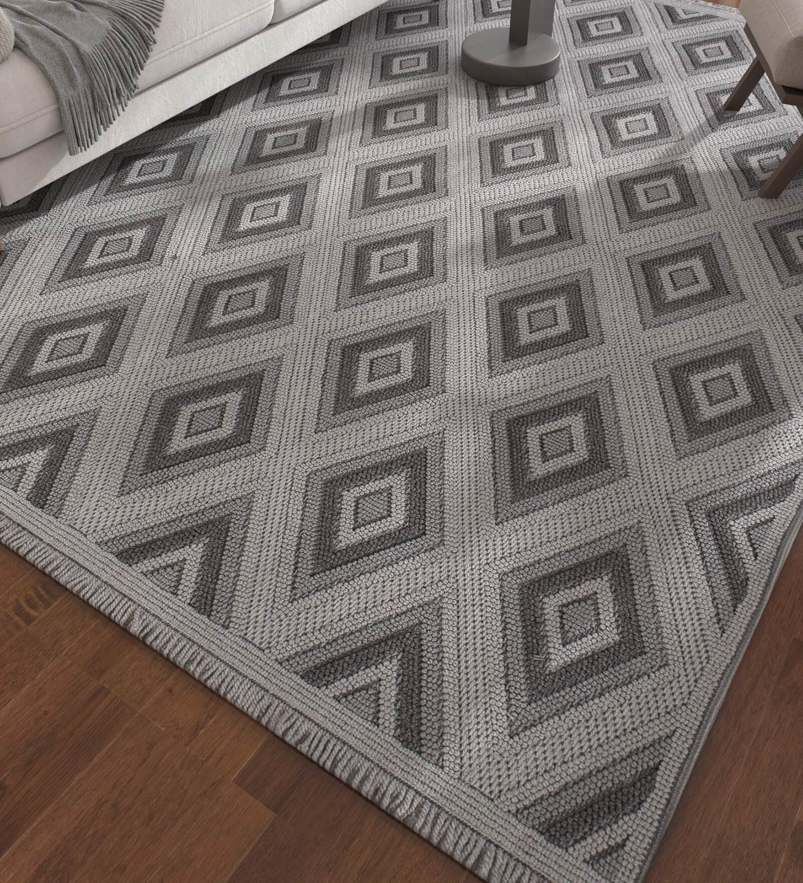 Grey And Blue Geometric Polyester 4X6 Feet Machine Made Carpet